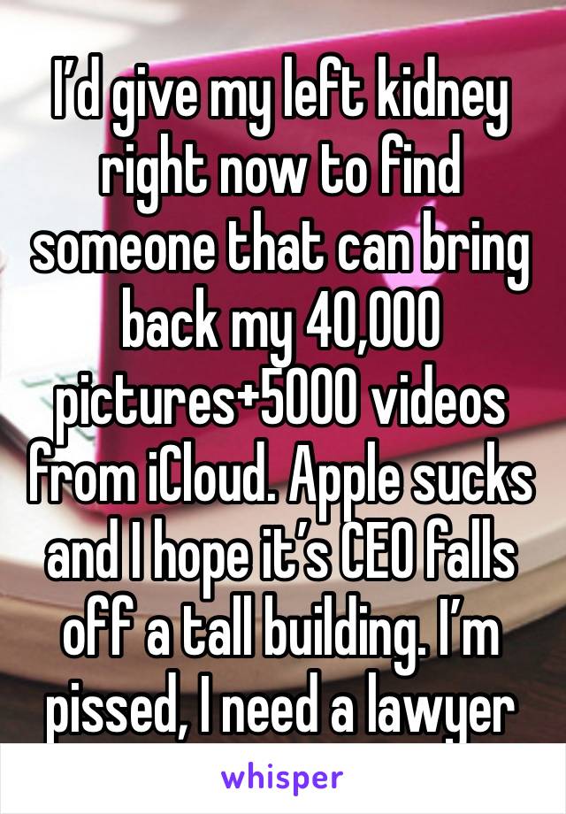 I’d give my left kidney right now to find someone that can bring back my 40,000 pictures+5000 videos from iCloud. Apple sucks and I hope it’s CEO falls off a tall building. I’m pissed, I need a lawyer