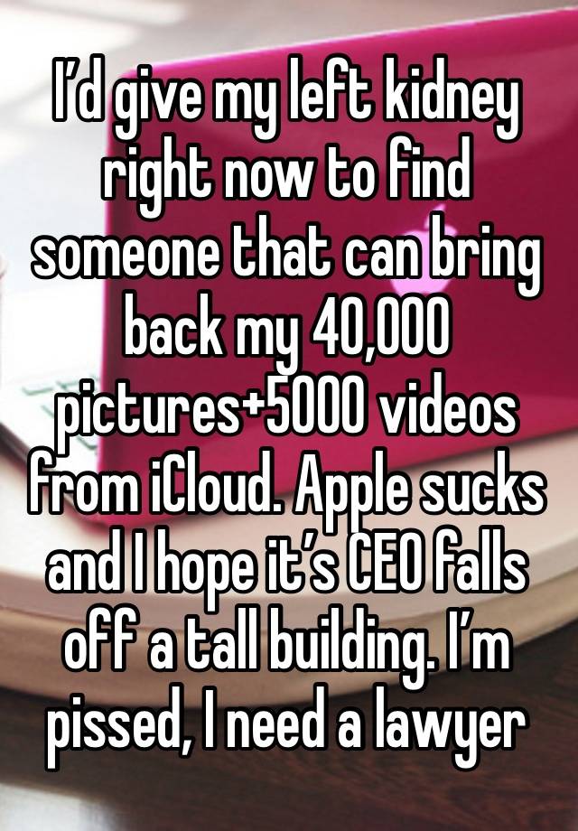 I’d give my left kidney right now to find someone that can bring back my 40,000 pictures+5000 videos from iCloud. Apple sucks and I hope it’s CEO falls off a tall building. I’m pissed, I need a lawyer